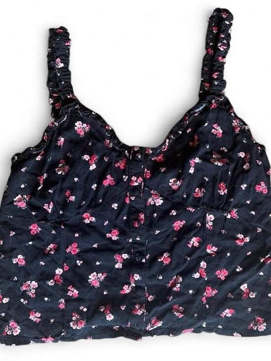 Active USA Tops - Active USA Floral Black and Pink Cute Button-Up Tank Top